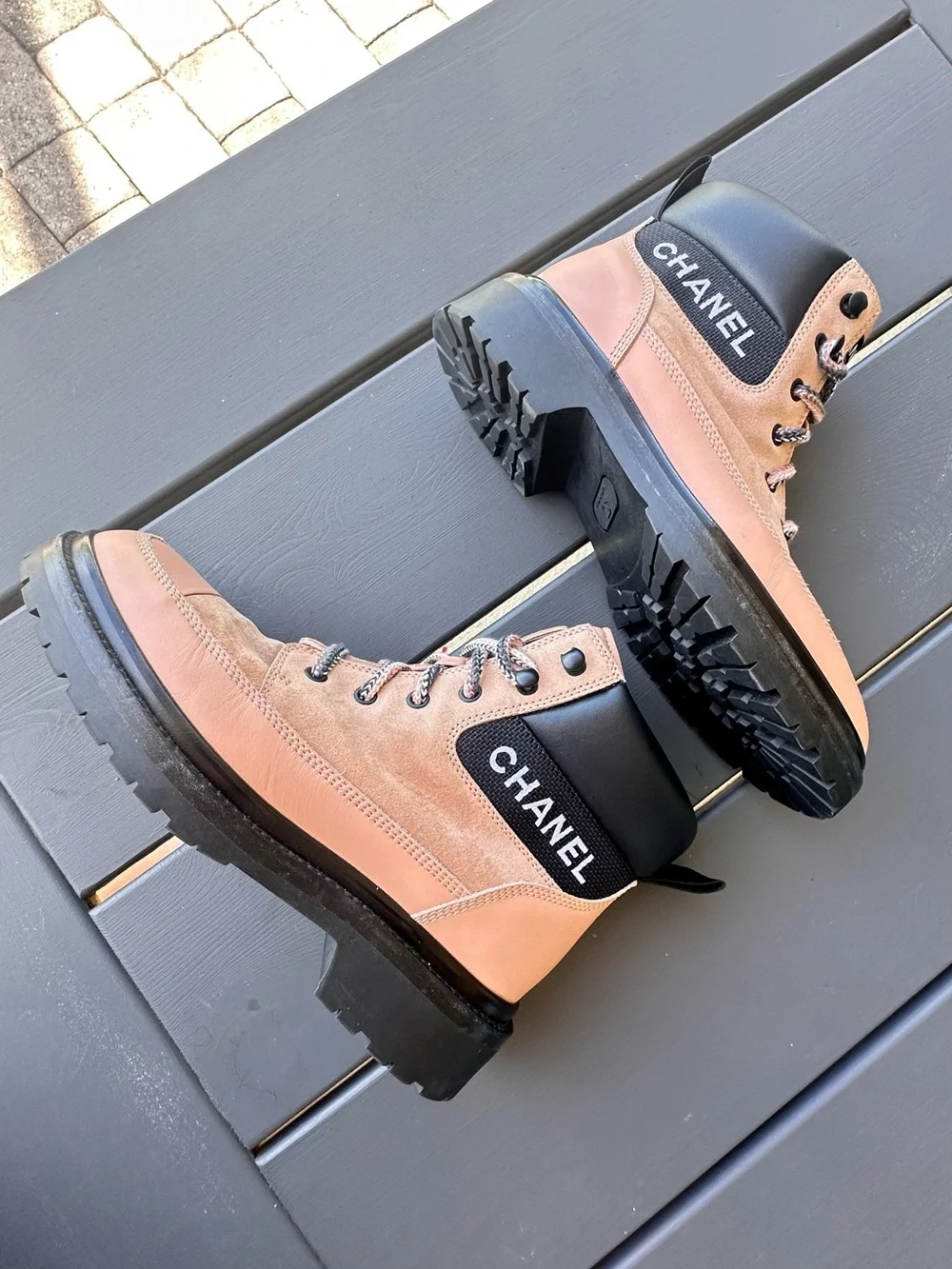 Chanel Pink suede and leather lace-up combat boots  Cc Logo. US Sz 8- 8.5 EU 39